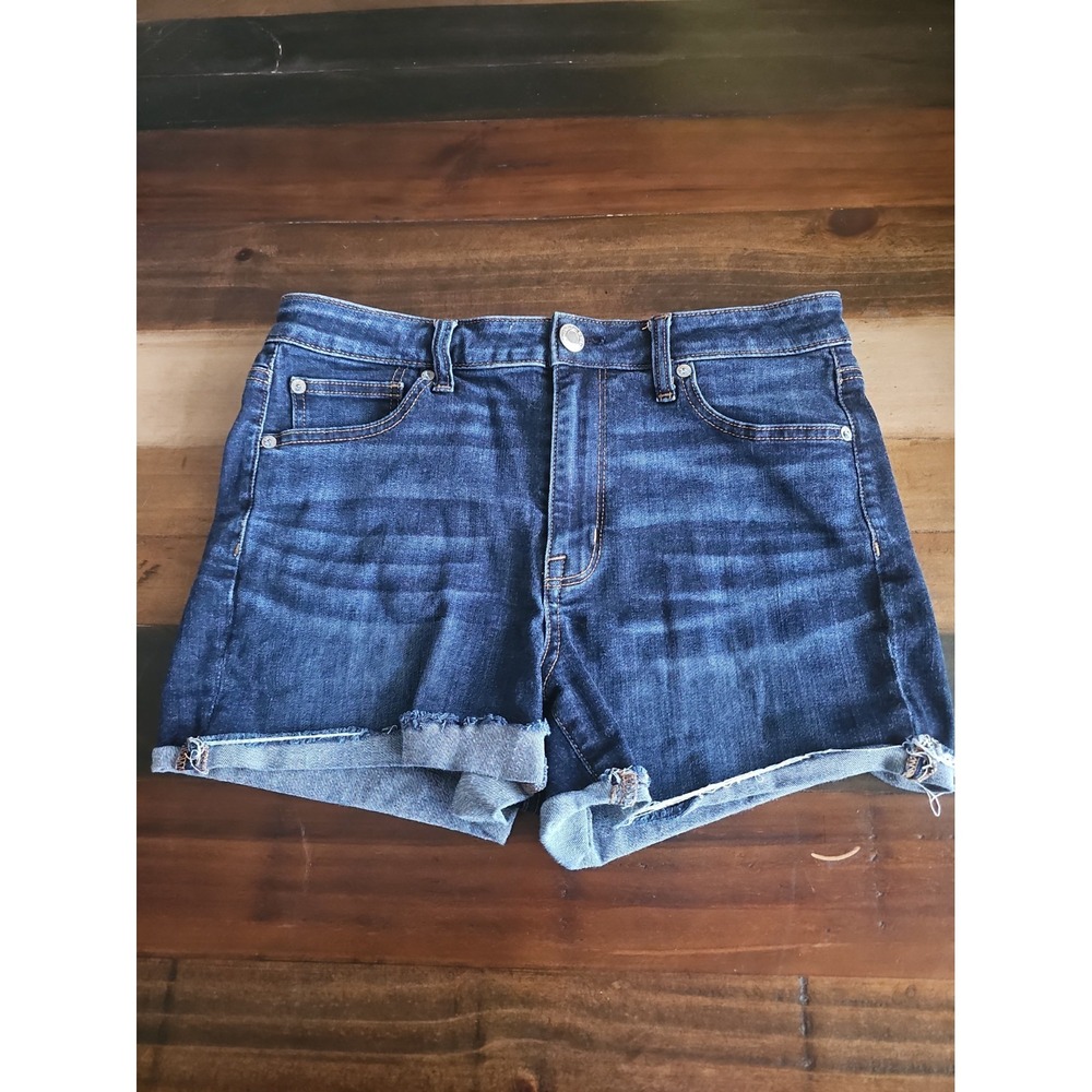American Eagle Hi-Rise Shortie Denim Short Women 12 Dark Wash Cuffed Stretch 083